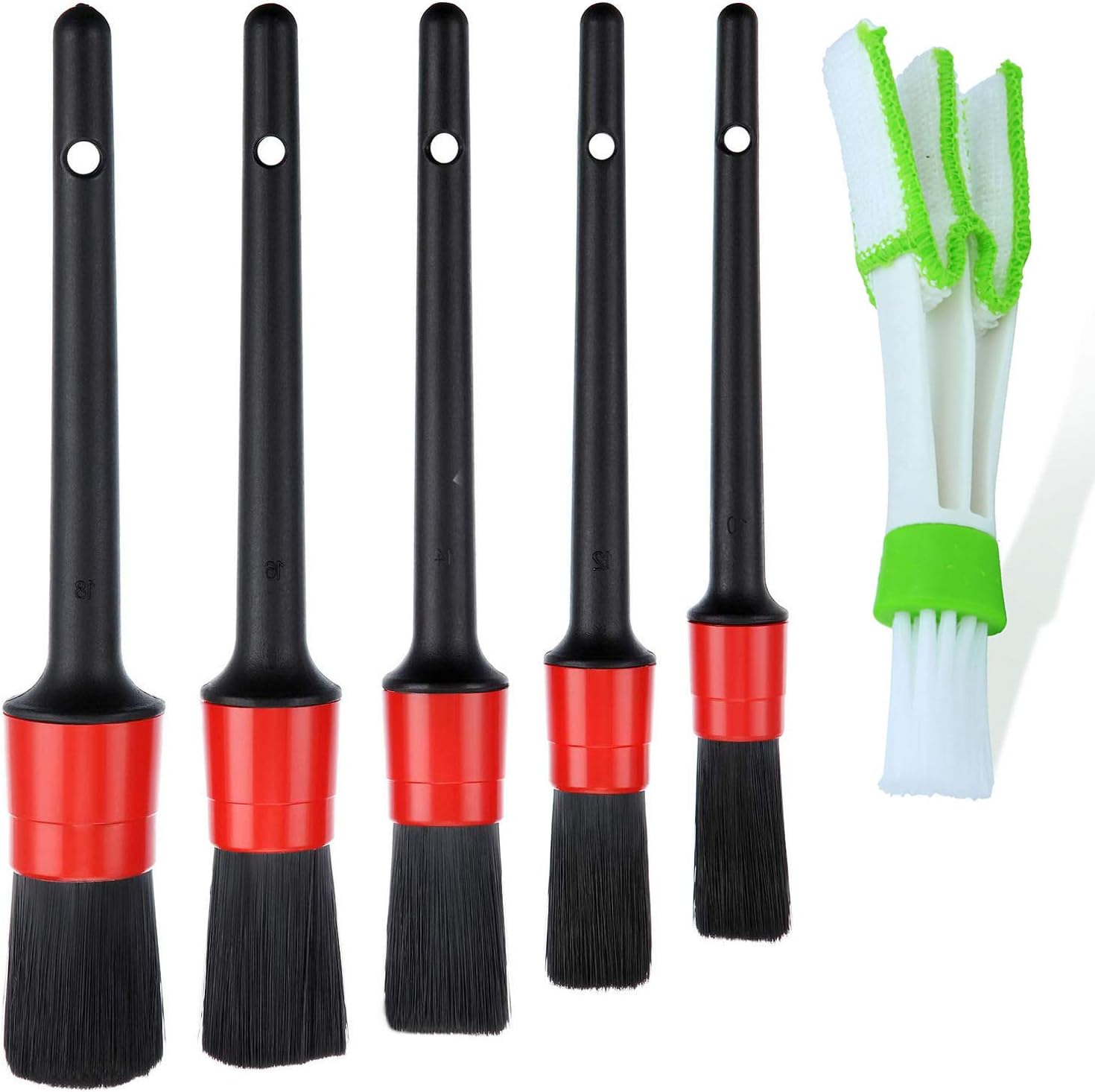 Fifth Gear Set of 6 Car Detailing Brush Set, Automotive Interior & Exterior Detail Brushes with Car Air Vent Duster for Cleaning Wheels, Interior, Exterior, Leather, Air Vents, Emblems