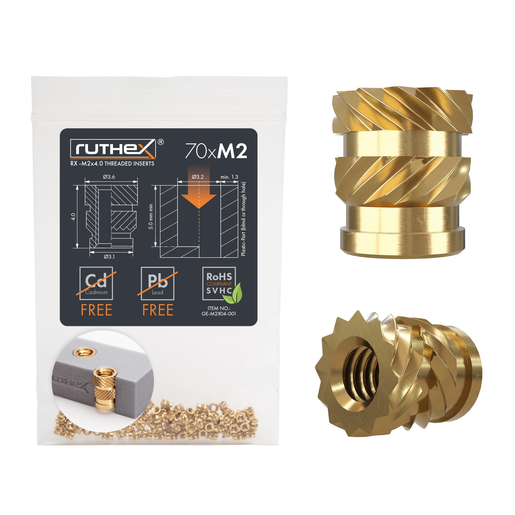 ruthex M2 Threaded Inserts - 70 Pieces RX-M2x4