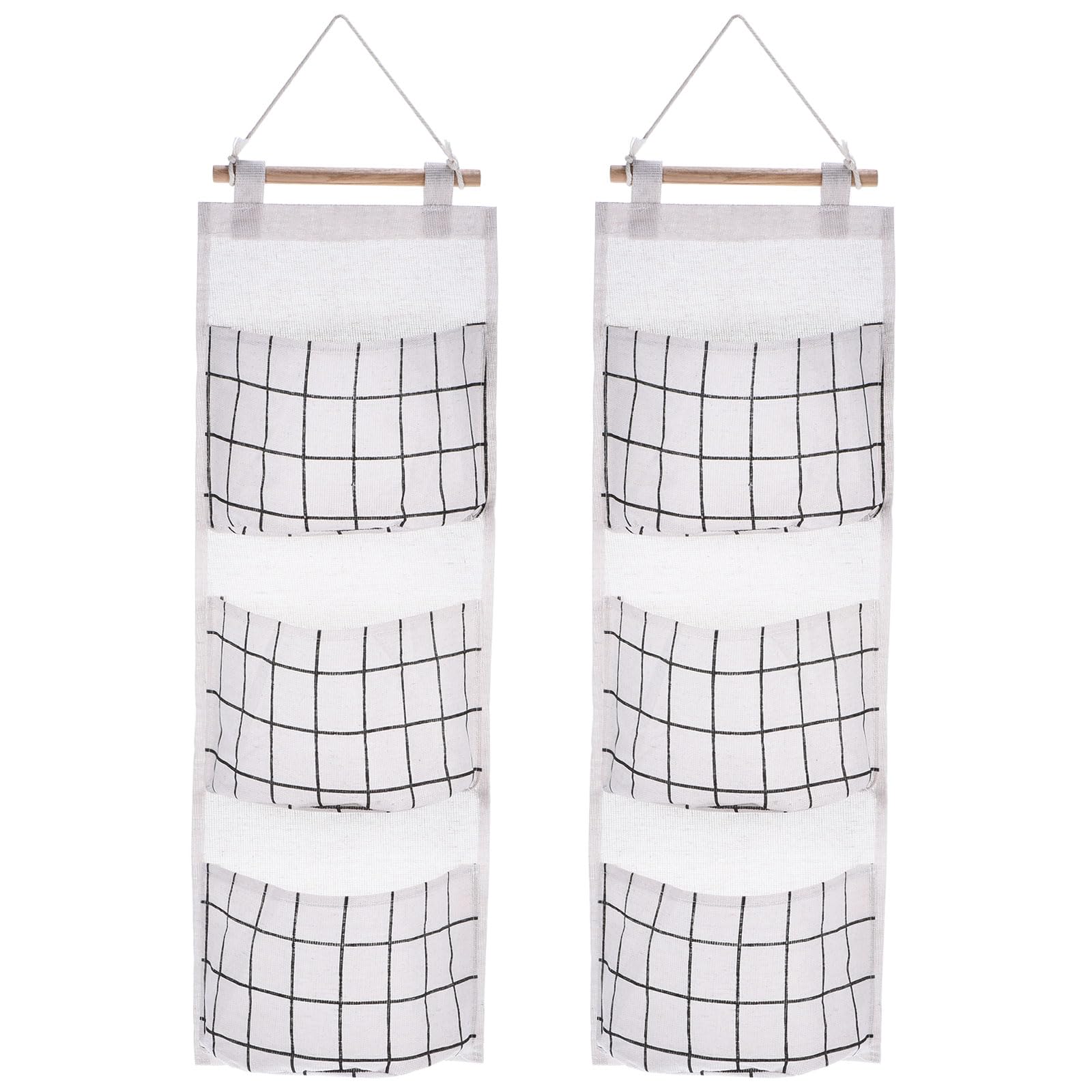 PATIKIL 3 Pockets Over Door Hanging Storage Bags, 2 Pack Cotton Linen Wall Mount Closet Organizer Pouches Waterproof for Bedroom Bathroom, Grid White