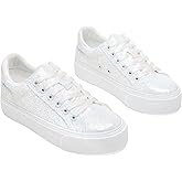 AISFAES Women Glitter Platform Sneakers Sparkly Lace-Up Chunky Sneakers Fashion Low-Top Tennis Shoes Comfortable Metallic Sequin Walking Shoes
