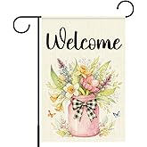 Welcome Spring Garden Flag, Spring Summer Flowers Garden Flag for Outside, Floral Buffalo Plaid Bowknot Farmhouse Yard Lawn Porch Flags for Outside Decor 12x18 Inch Double Sided