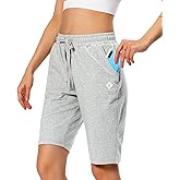 Women's Bermuda Shorts Long Cotton Sweat Knit Shorts Pull On Walking Lounge Shorts with Pocket