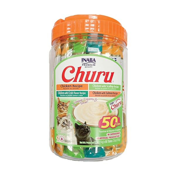 INABA CHURU CAT TREATS, GRAIN-FREE, LICKABLE, SQUEEZABLE CREAMY PURÉE CAT TREAT/TOPPER WITH VITAMIN E & TAURINE, 0.5 OUNCES EACH TUBE, 50 TUBES, CHICKEN & SEAFOOD VARIETY