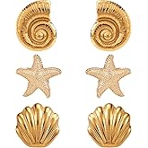 3 Pairs of Beach Earrings Set, Gold Spiral Starfish Seashell Earrings for Women Fashion Gold Beach-Inspired Jewelry Set for Women Summer Holiday