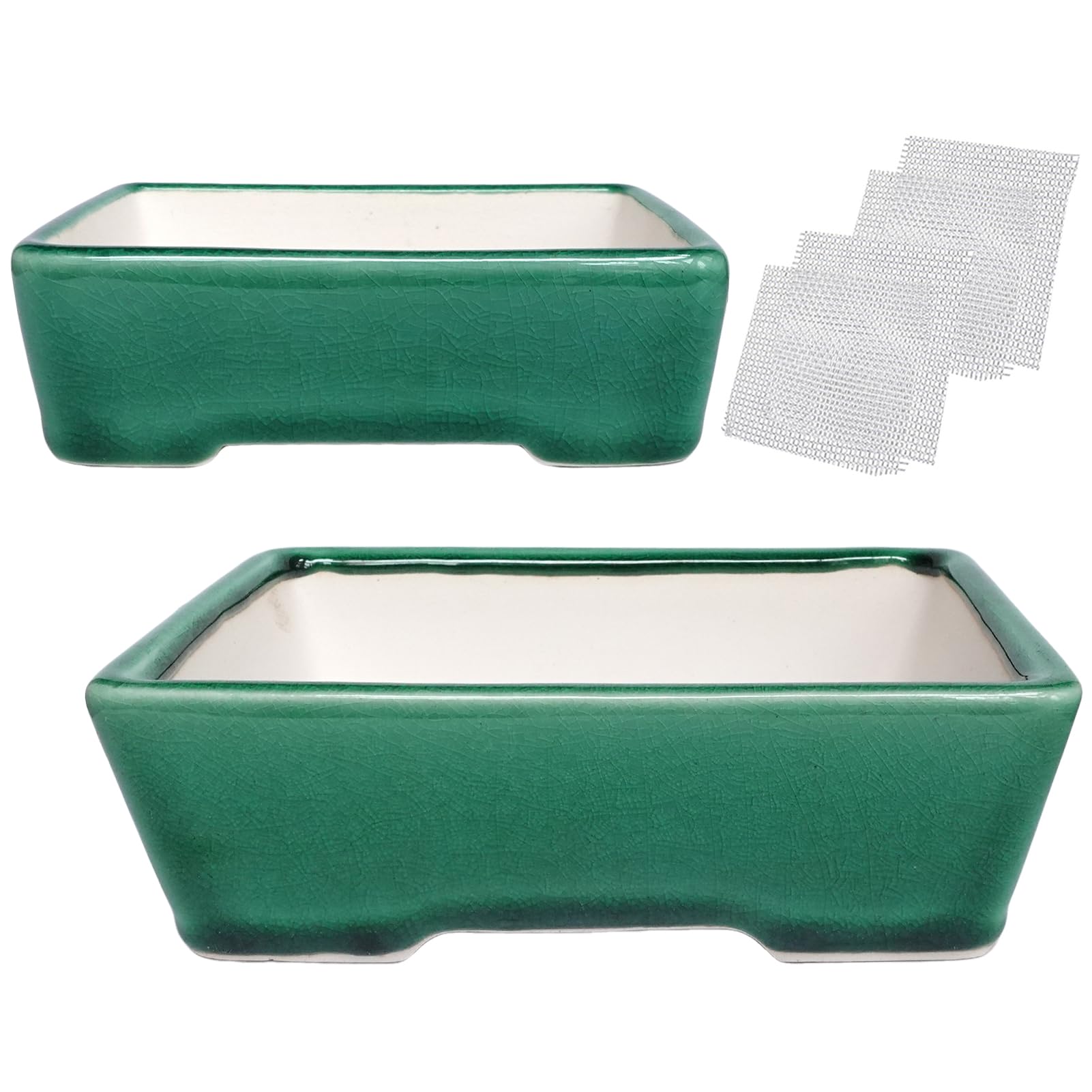 Set of 2 Zisha White Clay Bonsai Pot Glazed Shallow Succulent Planter Green