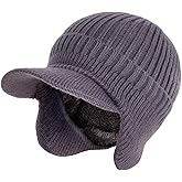 Yookat Winter Beanie with Brim and Ear Flaps for Outdoor Men Women Fleece Lined Knit Winter Beanie Grey