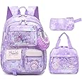 Alrisg Lovely Girls Backpack School Bag for Students Kids Book Bag with Multiple Pockets Splash-proof Children's Backpack（17inch Set Purple）