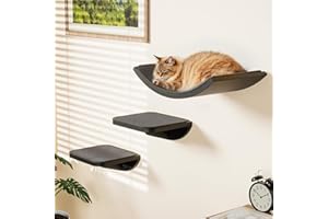 Cat Wall Shelves for Large Cats Set, Grey Curved Wall Sisal Bed and 2 Floating Wall Sisal Steps, Wall Mounted Climbing Shelve