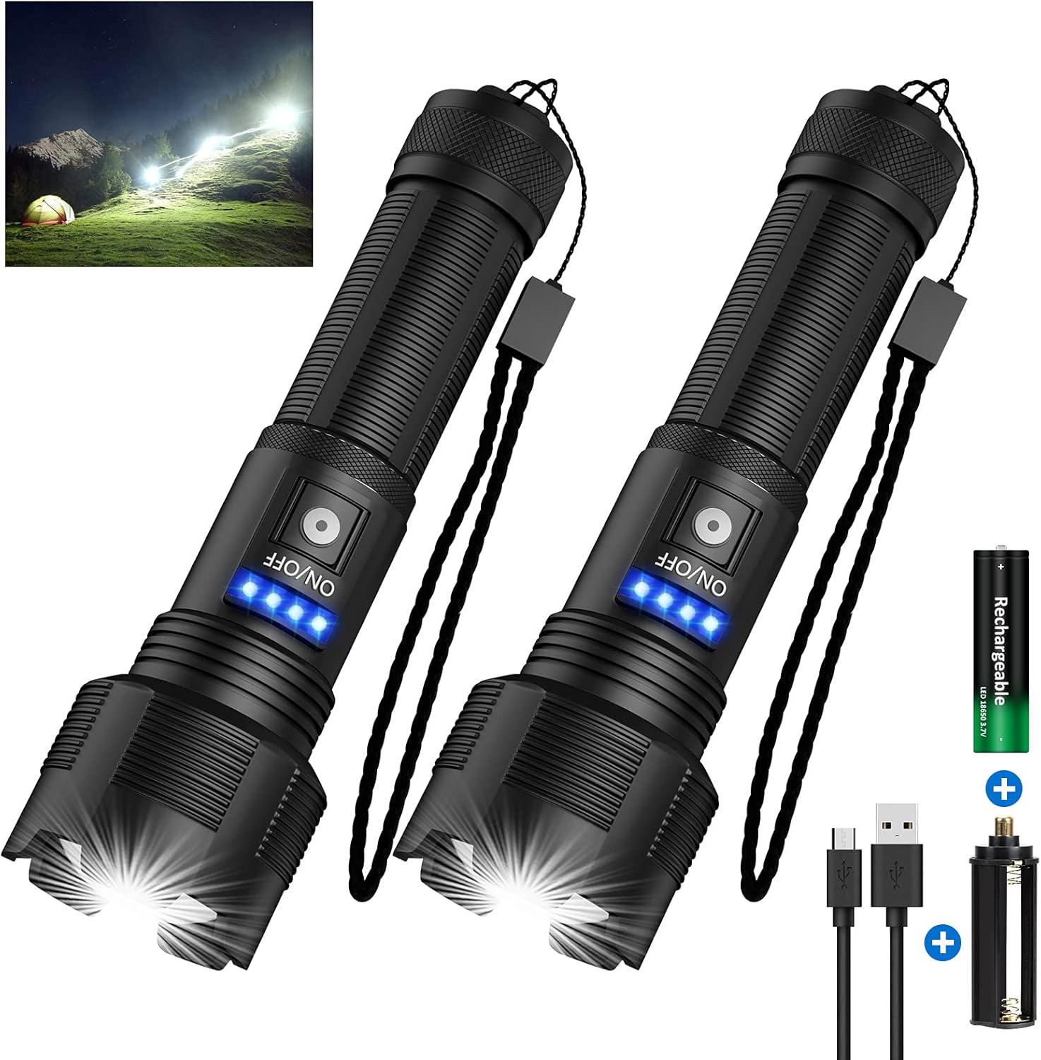 Rechargeable LED Flashlights High Lumens, 7000 Lumens Super Bright Zoomable IPX6 Waterproof Tactical Flashlight with Batteries Included & 5 Modes, Handheld Flashlight for Camping Emergencies (2PC) - - 