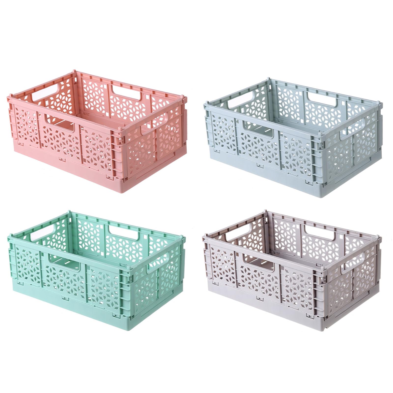 Klyuqoz Pastel Crates, Stackable Storage Baskets Pack of 4 Folding Crate Desktop Organizer Basket for Home Office Bedroom Medium(8.7L x 6W x 3.5H in) Blue Pink Green Grey