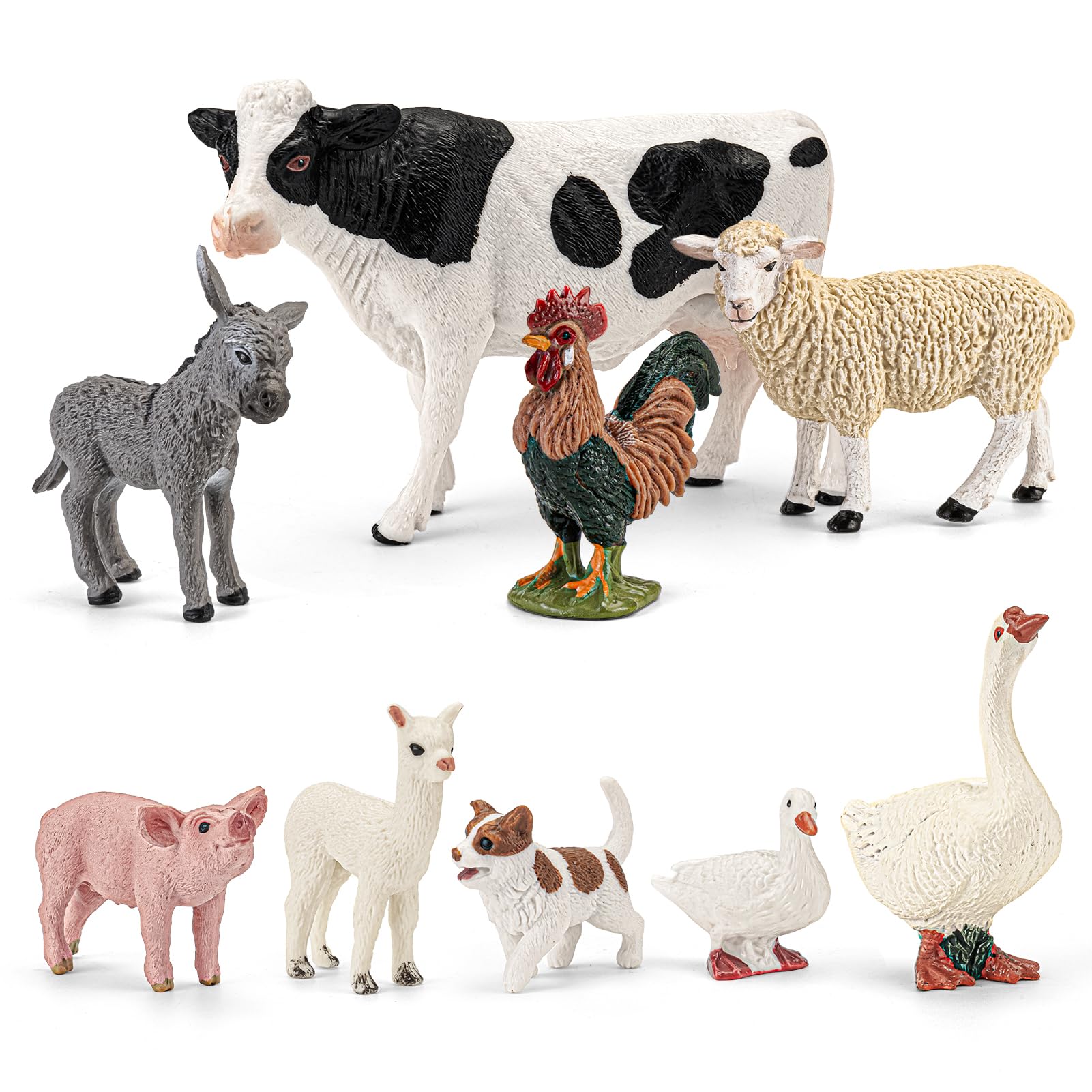 Photo 1 of 9PCS Farm Animal Toy for Toddler Kid, Realistic Plastic Farm Animal Figurines Including Cow Sheep Pig Donkey Goose Duck Alpaca Dog Rooster for Kid Age 3-5 5-7, Educational Learning Toy for Boys Girls