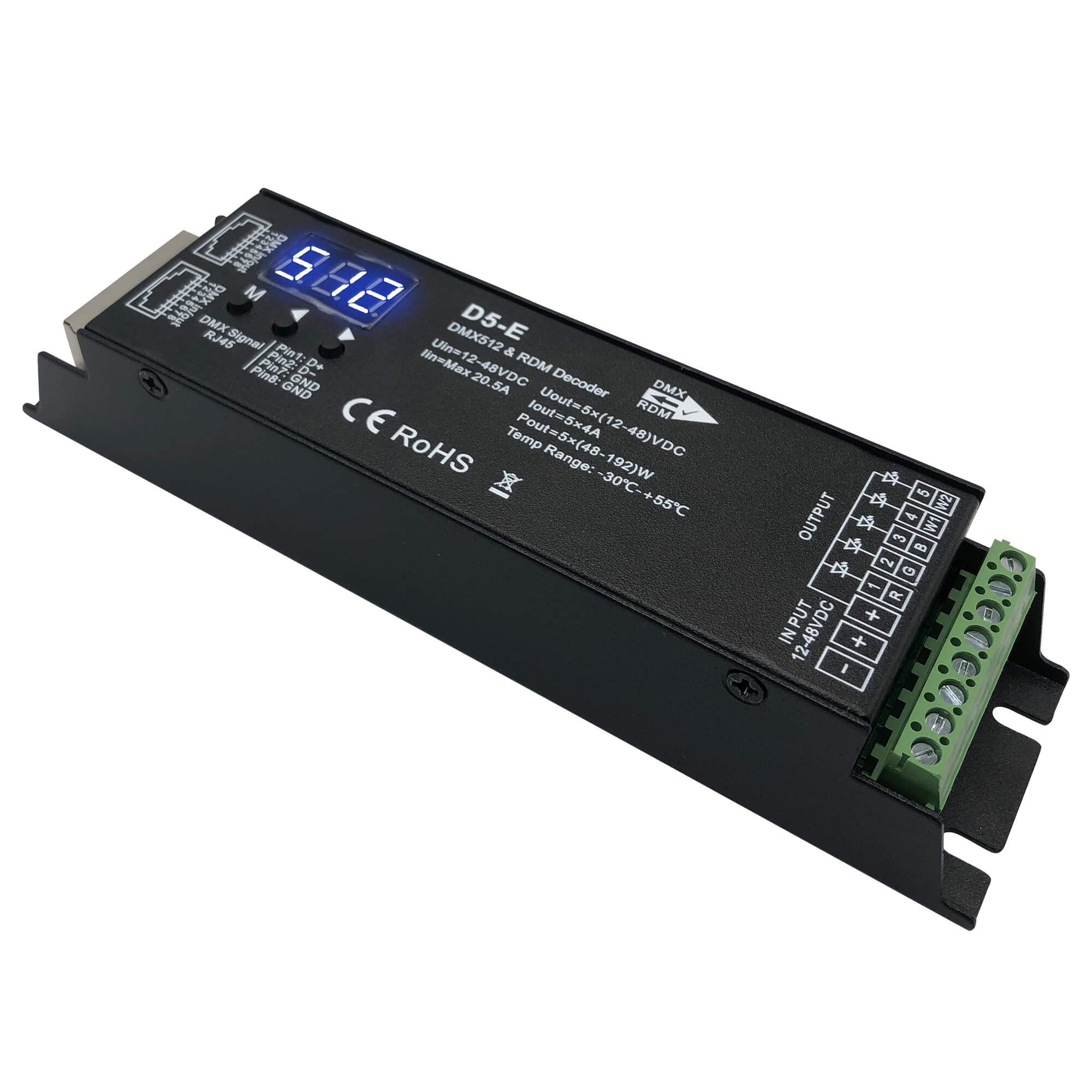 5 Channel DMX Decoder with RDM Digital Display,DMX512 Dimmer Driver PWM LED Controller for RGBCCT,RGBWW,RGBW or 5 White lightstrips LED Module Light Input 12V-48VDC