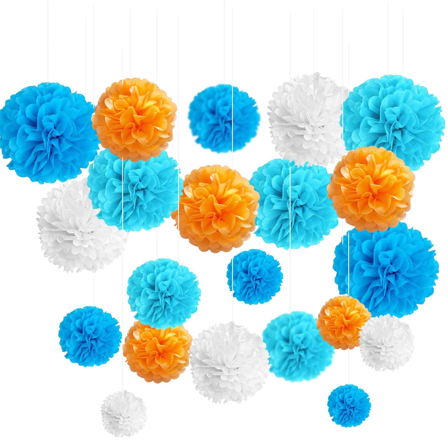 Photo 1 of 20PCS Acqua Blue,Light Blue,Orange & White Tissue Paper Pom Poms Set-Ideal for Birthday,Bridal Showers,Wedding,Baby Shower Party Decorations (14",10",8",6)