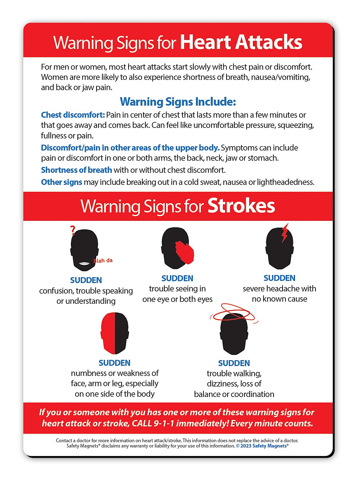 Safety Magnets by ZOCO – Heart Attack and Stroke Warning Signs & Symptoms – 5