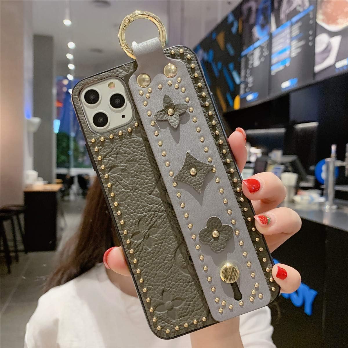 OEMDIY Case for iPhone 11 Pro Max Luxury Leather Cases Silicone Soft Phone Case Back Cover with Wrist Strap Stand 6.5 inch (Gray)