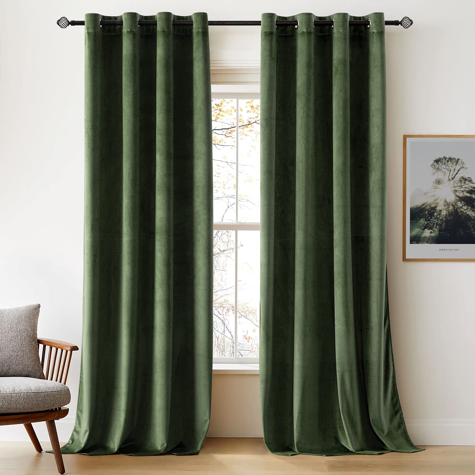 Woaboy Velvet Curtains 90 Drop Olive Green Curtain for Living Room Thermal Blackout for Bedroom Luxury Eyelet Drapes Soft Window Treatment Insulated Soundproof & Room Darkening W 46 x L 90 2 Panels