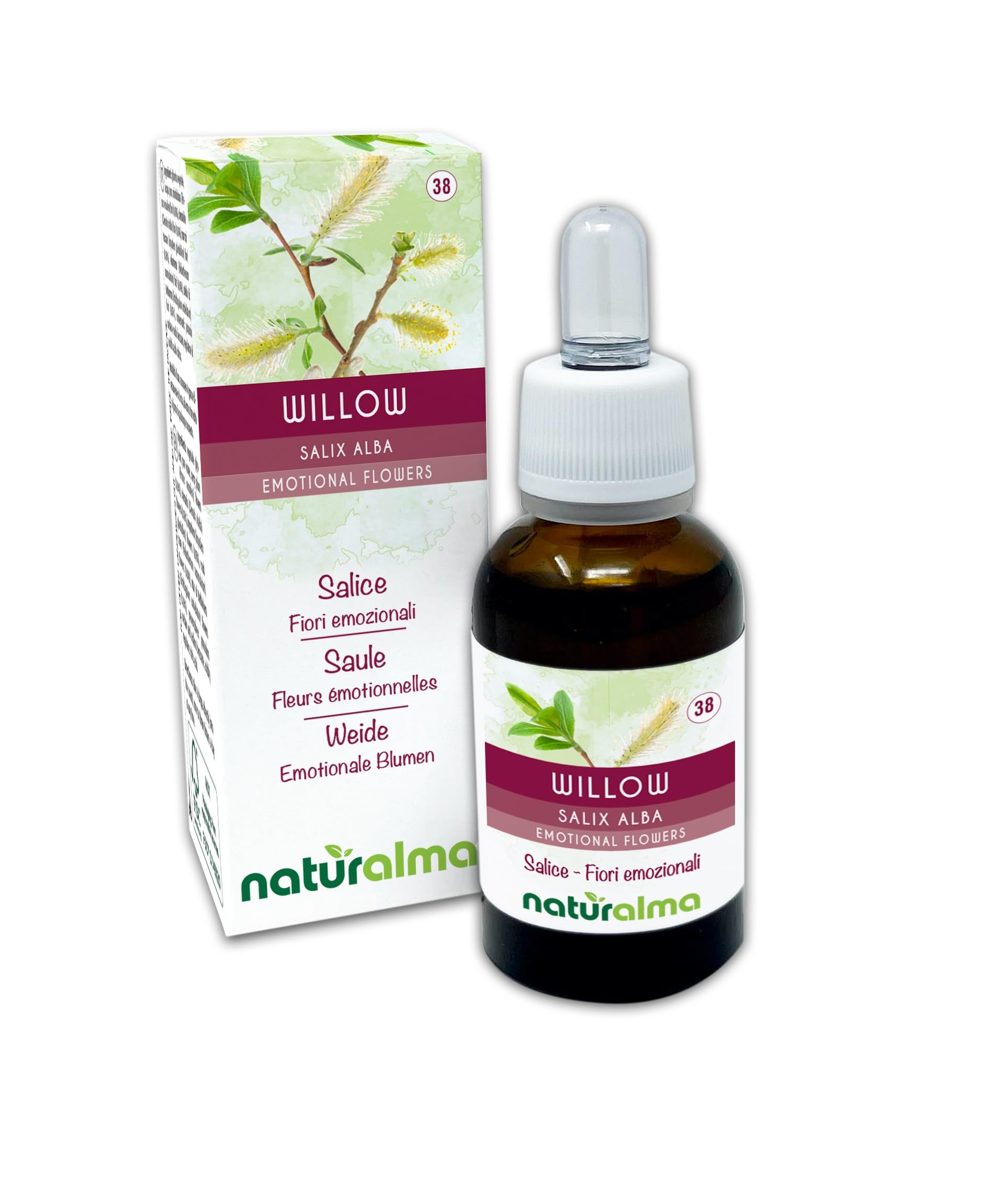 Willow (Salix alba VAR. vitellina) Naturalma Emotional Flowers or Bach Flowers - Drops 30 ml - Alcohol-Free Liquid Extract - Flower essences - Vegan and Without Alcohol