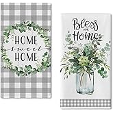 Seliem Sweet Home Spring Summer Kitchen Dish Towels Set of 2 | Eucalyptus Leaves Mason Jar Hand Towels Drying Baking Cooking Cloth, Grey Plaid Farmhouse Bless Our Home Kitchen Decor