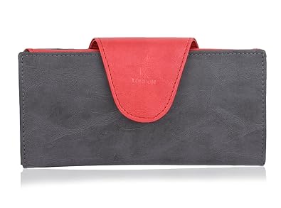 K London Stylish Grey and Red Round Loop Women Wallet Clutch with card slots and Zipper Pocket - 1513_greyred
