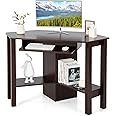 Tangkula Corner Desk with Keyboard Tray, Triangle Corner Computer Desk for Small Space, Bedroom Corner Makeup Vanity Desk with Storage Shelves, Space Saving Corner Writing Desk