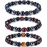 SAMXY Triple Protection Bracelet, 8mm Healing Crystal Bead Bracelet, 3pcs Blue Red Tiger's Eye Obsidian Hematite Bracelet Women Men