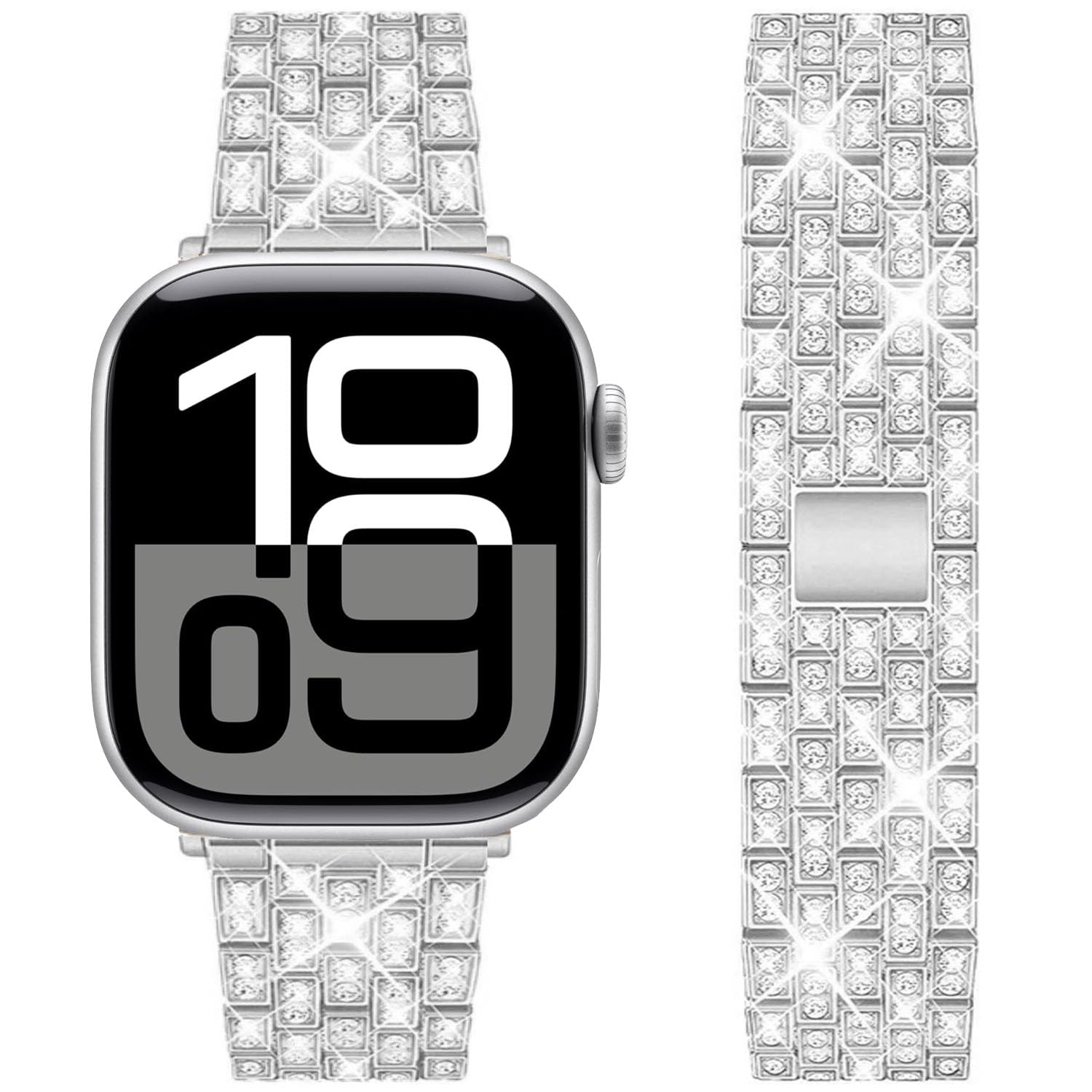 DEALELE Strap Compatible with iWatch 38mm 40mm 41mm, Rhinestone Diamond Metal Replacement Bands for Apple Watch Series 8/7 / 6/5 / 4/3 / SE Women Men, Silver, 38/40/41mm