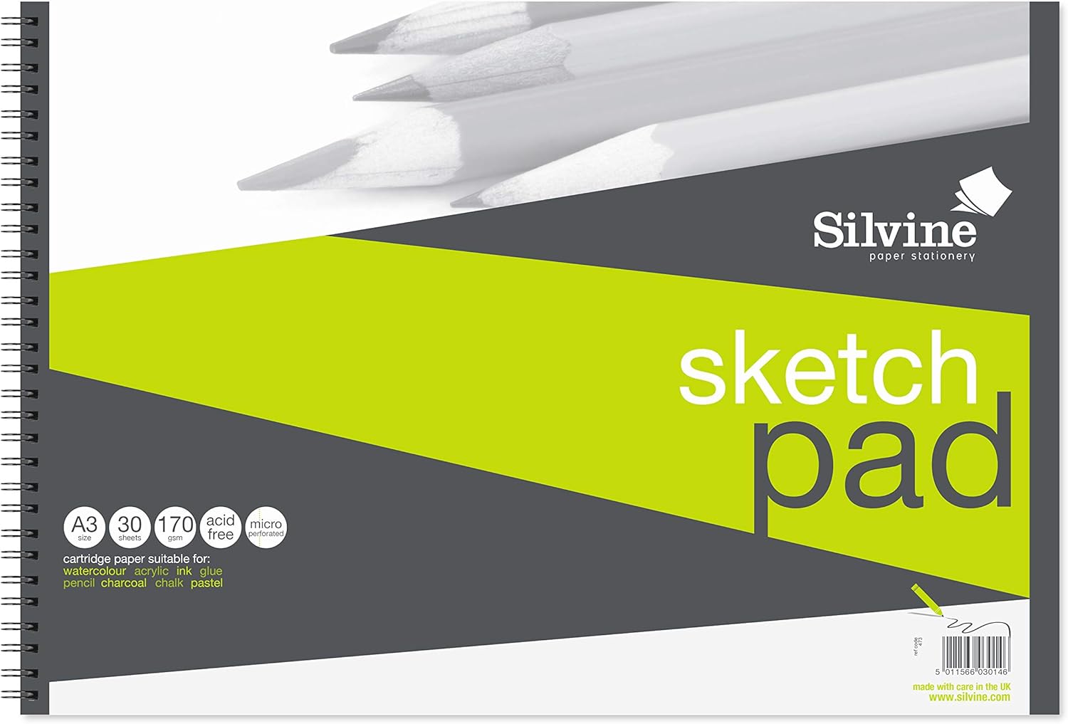 Silvine A3+ Wirebound Sketch Pad. 60 Pages (30 Sheets) 170gsm Smooth
