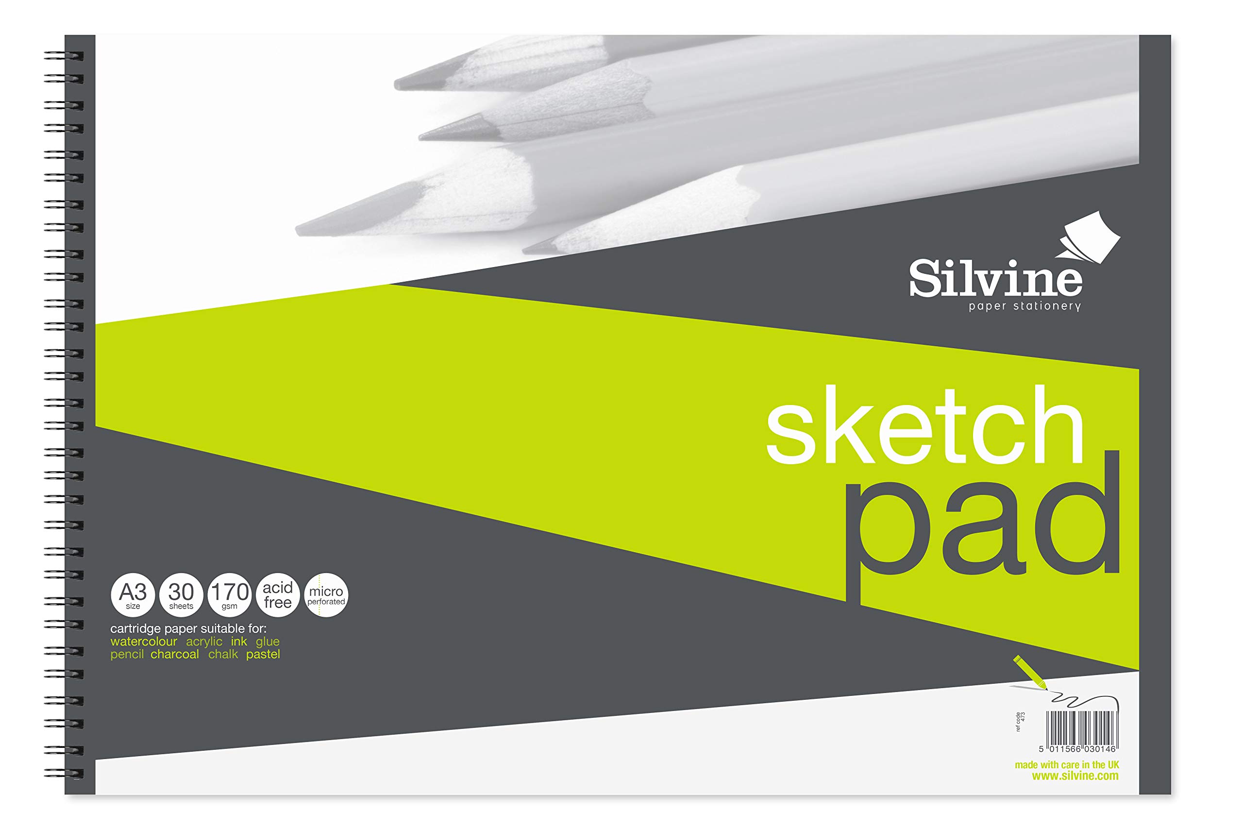 Silvine A3+ Wirebound Sketch Pad. 60 Pages (30 Sheets) 170gsm Smooth Cartridge Paper. Ref 473