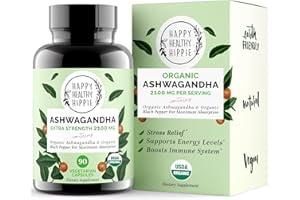 HAPPY HEALTHY HIPPIE Organic Ashwagandha Capsules 2100mg – Stress Relief Supplement – Extra Strength, 100% Herbal, Energy, Mood & Cortisol Manager, Includes Black Pepper for High Absorption – Non-GMO, 90 Ct​