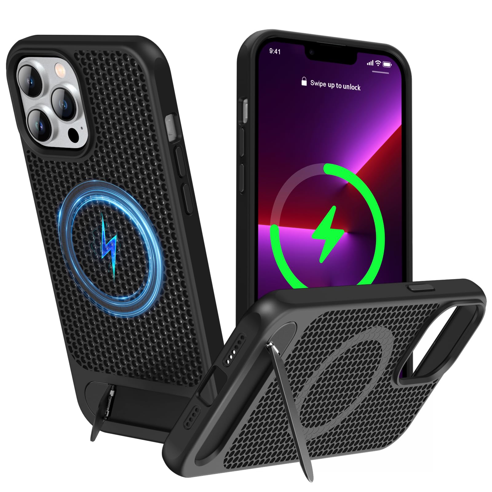 Photo 1 of ZHOGTNEG for Magnetic Heat Dissipatio case for iPhone 13 Pro, for MagSafe, Cooling Drop Protection, Adjustable Kickstand case, Ice Armour Cool Matte Material - Black