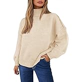 Saodimallsu Womens Mock Neck Sweater Tops Long Lantern Sleeve Fall Casual Loose Knit Basic Pullover Sweaters
