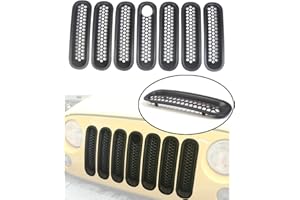 Bestong [Upgrade Clip in Version] 7 Pcs Front Mesh Grille Front Grill Inserts Kit Compatible for Jeep Wrangler Rubicon Sahara JK 2007-2017 (Black, with key hole)