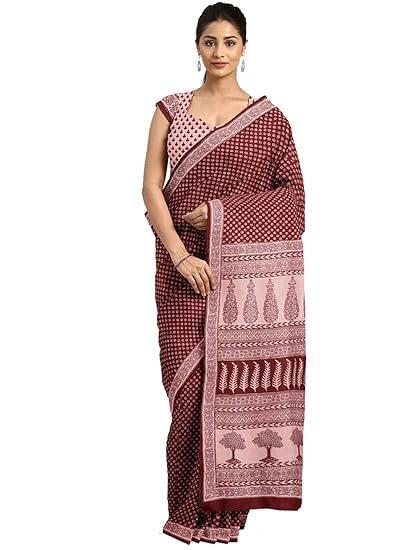 Pure Cotton Red & Off White Handblock printed Saree and Blouse MRBASA0012