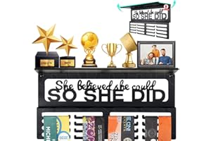 iBobbish Metal Medal Hanger Display,Non-Slip Trophy Shelf with 20 Hooks,Wall Mount,Heavy Duty,Non-Bent,Holds 22-33lbs,for Gymnastics,Race,Soccer,Swim