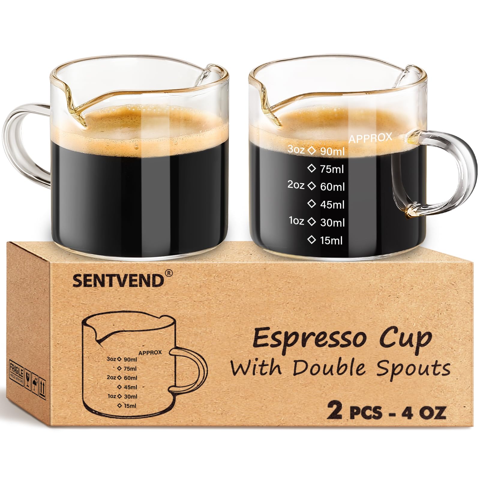 Photo 1 of SENTVEND Espresso Cups Set of 2, 4 Oz Espresso Shot Glass with Handle Double Spout Measuring Cups with Scale Clear Glass Milk Cup Coffee Accessories Great for Making Coffee Desserts Salad Dressing