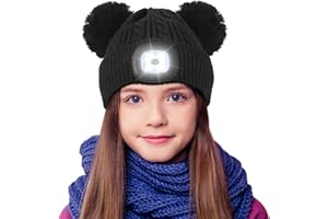 MoKo LED Beanie Hat with Light for Kids Toddler Children, Rechargeable Winter Hat with Double Pom Pom for Girls Boys, Warm Fl