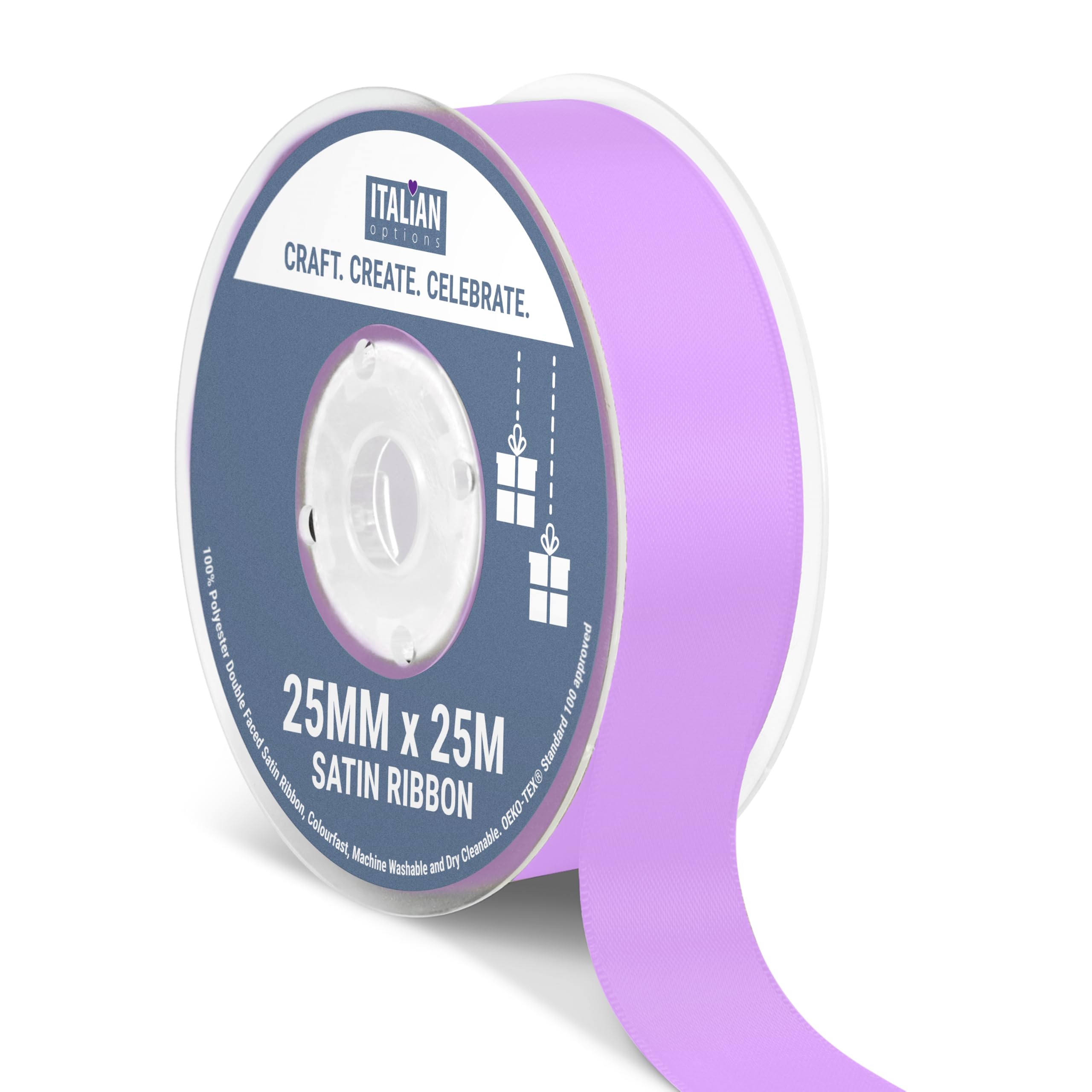 Italian Options Satin Ribbon, Fabric Ribbons for Gift Wrapping, Crafting, Balloons, Wedding Car, Presents, Cake, Christmas, Birthday, Gift Wrap Accessories, 25mm Wide x 25 Metre Roll, Lilac