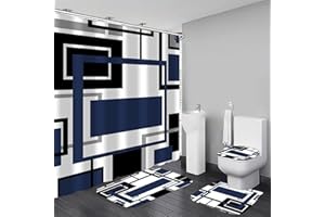 Yddsky 4 Pcs Blue Geometric Shower Curtain Sets with 12 Hooks Non-Slip Rugs U-Shaped Bath Mat, Toilet Cover, Abstract Geometric Modern Black and Blue Bathroom Set