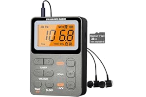 Paeiope Portable Radio AM FM, Rechargeable Pocket Speaker with Best Reception Digital Tuning, MP3, Stereo Earphone, Large LCD Screen, TF Card Socket, Transistor Radio for Jogging/Gym/Camping (Grey)