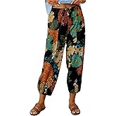 SOUWINEMYI Womens Capri Pants Cotton Linen Cropped Trousers Summer Wide Leg Drawstring High Waist Palazzo Pants with Pockets