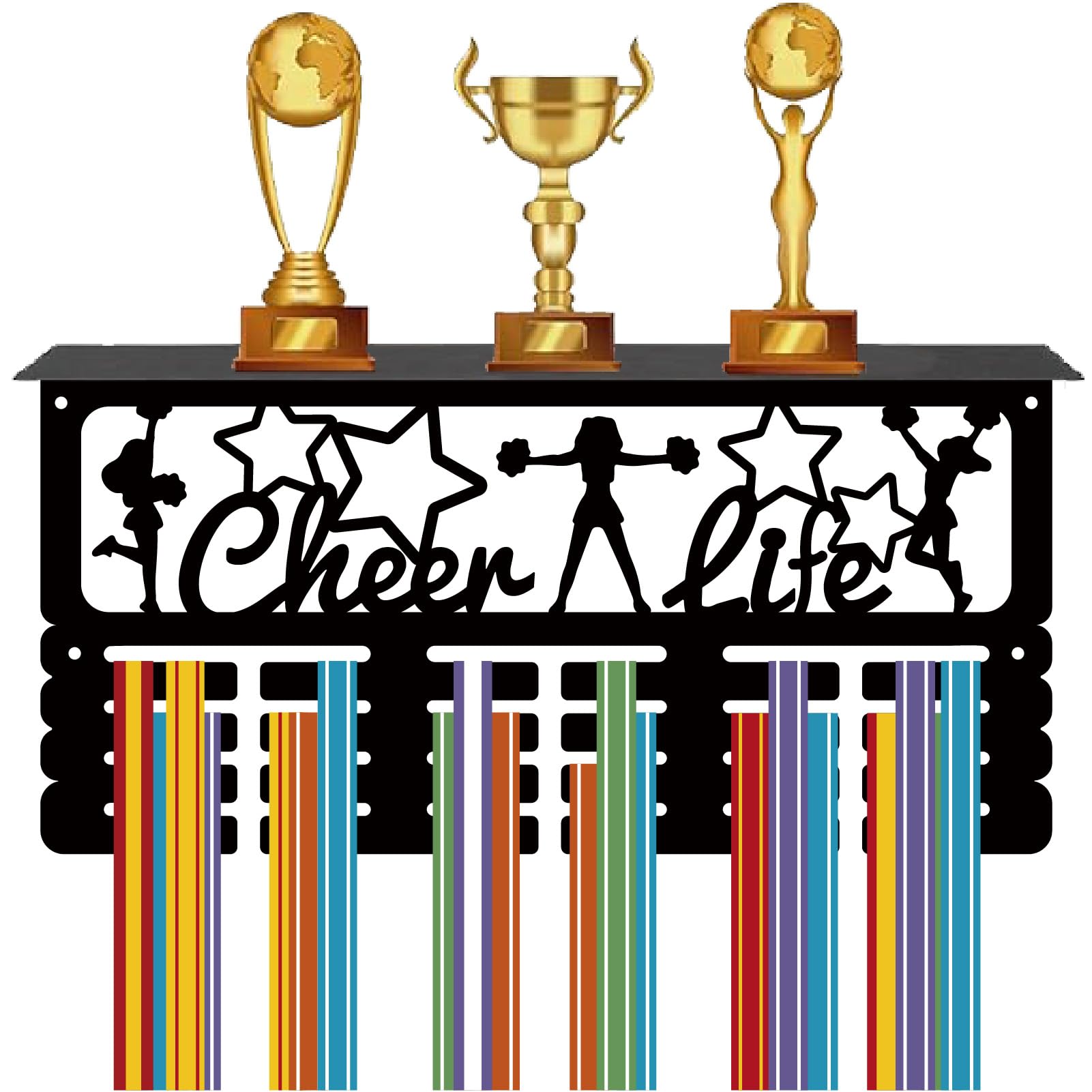 CREATCABIN Cheerlead Medal Hanger Display Trophy Shelf Cheerleader Medal Holder with Shelf Stand Cheer Life Sports 4 Rows Metal Hanging Wall Mount Frame Hold 70+ Medals for Medals Rack 15.7x7.9Inch
