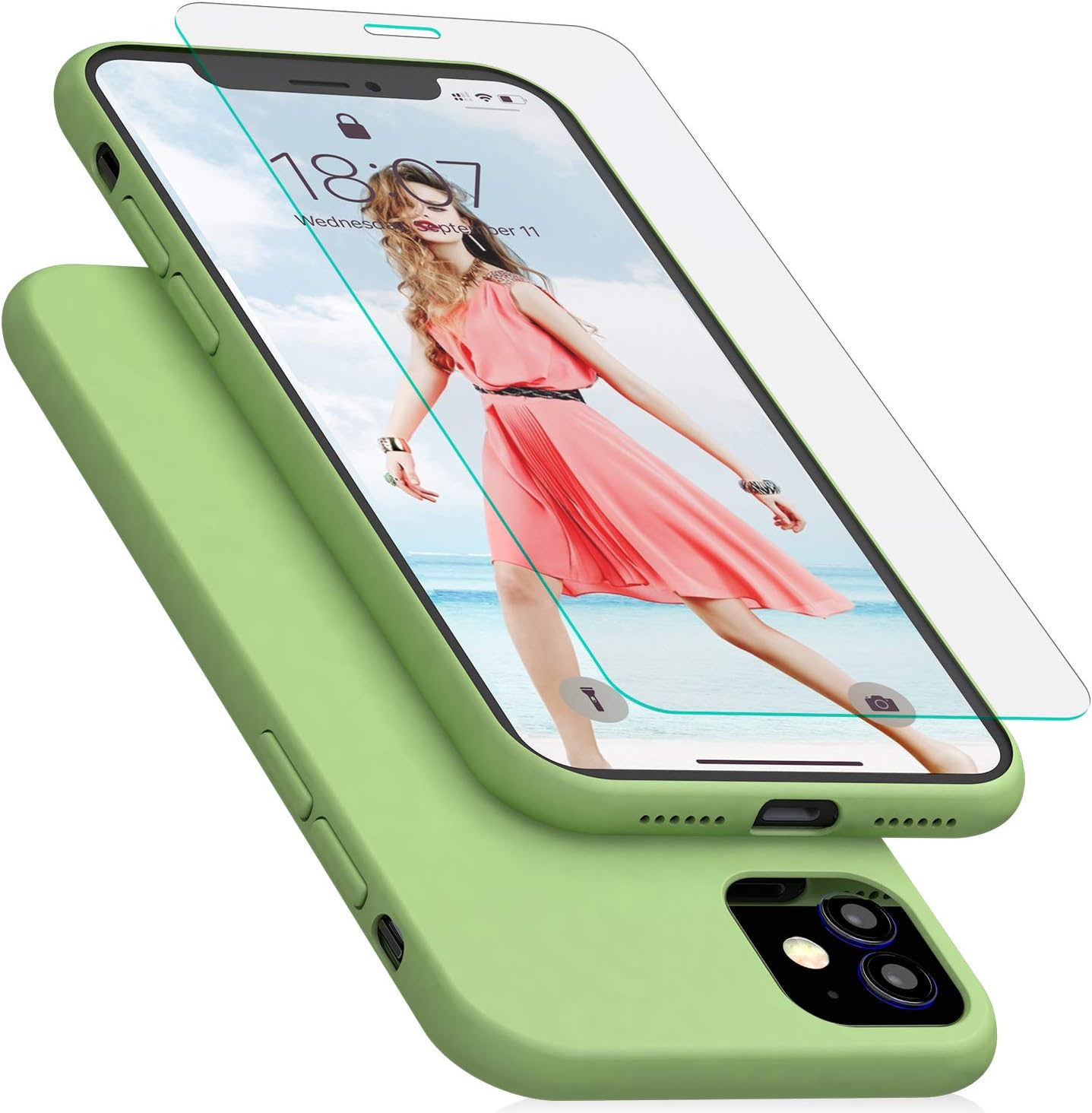 IVSUN Case for iPhone 11, Liquid Silicone Shockproof Cover with Free Tempered Screen Protector Gel Rubber Drop Protection Shell for iPhone 11 6.1-inch (2019)-Matcha