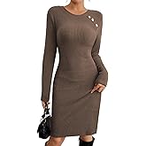 Pink Queen Womens Fall Dress Bust Button Crewneck Long Sleeve Ribbed Knit Knee Length Bodycon Winter Dresses