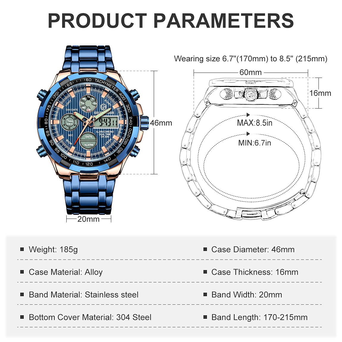 Affute Armbanduhr für Herren, Schwerer Chronograph aus Edelstahl, wasserdicht, mit Datums- und Alarmfunktion, Analog-/Digitalanzeige (Rose Gold Blue)