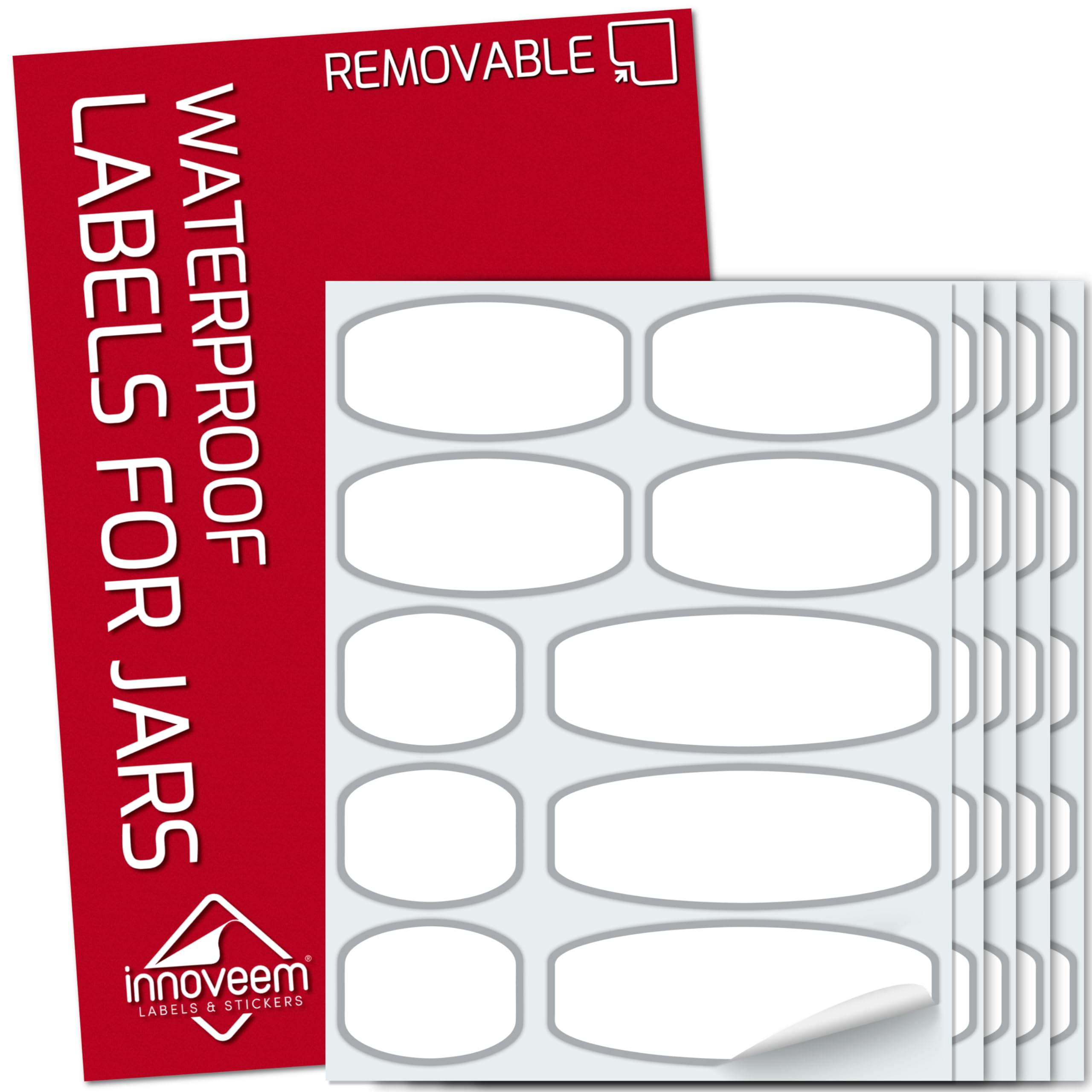 Waterproof Labels for Jars - 100 Multi Size, Sticky Labels for Jars and Bottles | Self Adhesive Durable Removable Kitchen & Food Storage Stickers | Easy Peel Off Jam & Chutney Tags by Innoveem