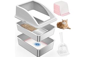 AIPERRO Stainless Steel Litter Box for Pine Pellet Cat Non Clumping Litter System | XXL Sifting Cat Box with Lid for Big Cats | High Sided, Anti-Urine Leakage | Non-Stick Bottom