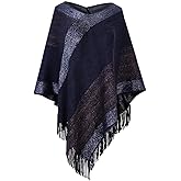 Women's Elegant Knitted Shawl Poncho with Fringed V-Neck Striped Sweater Pullover Cape Gifts for Women Mom