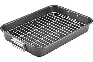 Nonstick Roasting Pan with Removable Flat Rack Heavy-Duty Bakeware with Drop-Down Handles 11 x 15 Inch Turkey, Ham & Everyday
