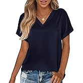 MASCOMODA Womens V Neck Silk Satin Tops Dressy Short Sleeve Work Blouses Spring Summer Loose T Shirts Business Casual Outfits
