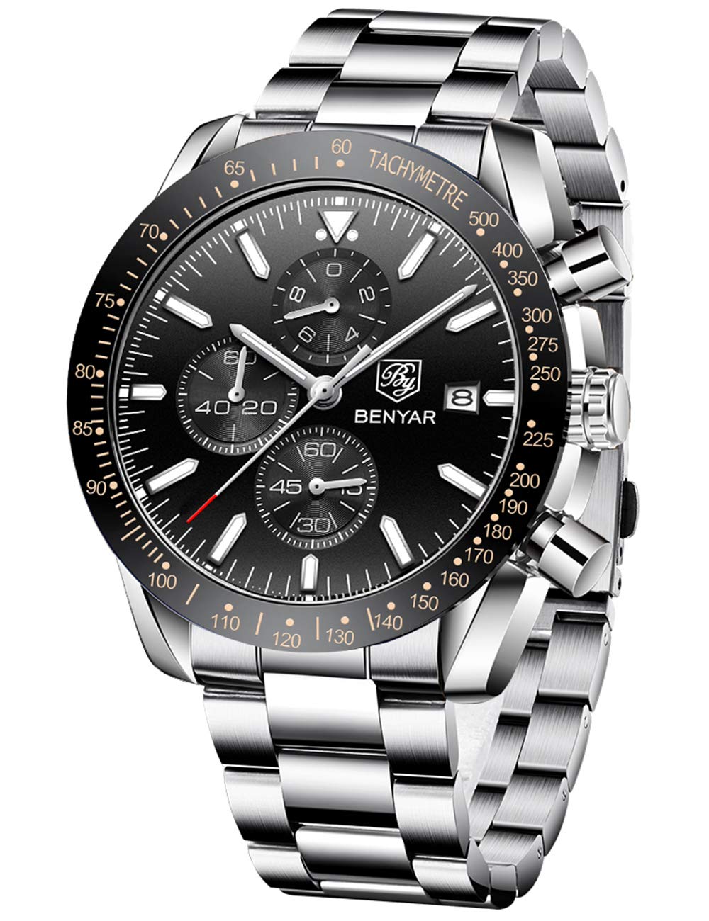 BENYAR Men's Watches Quartz Sports Chronograph Fashion Business Luxury Brand Waterproof Watch Analog Date Men's Brown Leather Watch for Men (Steel Silver Black)